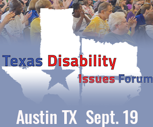 On a light blue background, the TDIF logo appears, a white shape of Texas with the words Texas Disability Issues Forum on top in dark blue and bright red. The logo fades into a photo of a side shot of a packed audience, many applauding. At the bottom, white text reads Sept. 19, Austin TX.